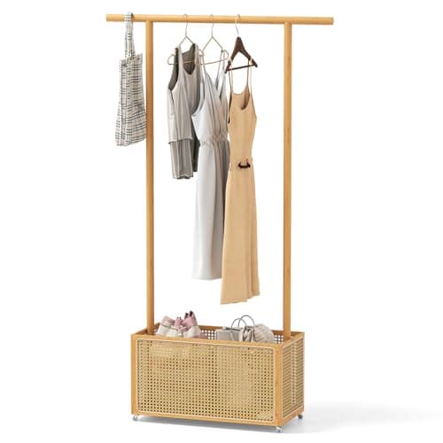 Image of COSTWAY Bamboo Clothes Rail, Rolling Garment Clothes Rack Coat Stand with Rattan Storage Basket, Hanging Rail and Wheels, 2-In-1 Clothing Hanger Organiser for Bedroom Closet Hallway (Natural)