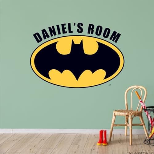 Image of Batman™ Wall Sticker - Logo and Personalised Name Wall Decal DC Superhero Art (90cm Width x 60cm Height)