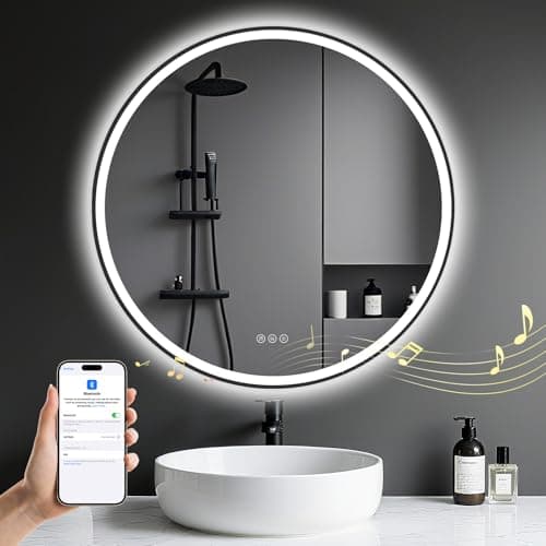 Image of 800mm Round-Bathroom-Mirror-with-LED-Lights and Bluetooth, Illuminated Wall Mounted Smart Mirror with Anti-Fog, Touch, 3 Colors Dimmable, Memory Function, LED-Bathroom-Mirror with Black Metal Frame