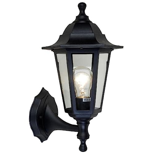 Image of Britalia Black & Clear Glass Panel Outdoor Vintage Up Coach Lantern Wall Light | IP44 Rated | 36cm Height | 1 x ES E27 Lamp Required | Garden - Patio - Driveway | UK Approved | Polycarbonate Coastal