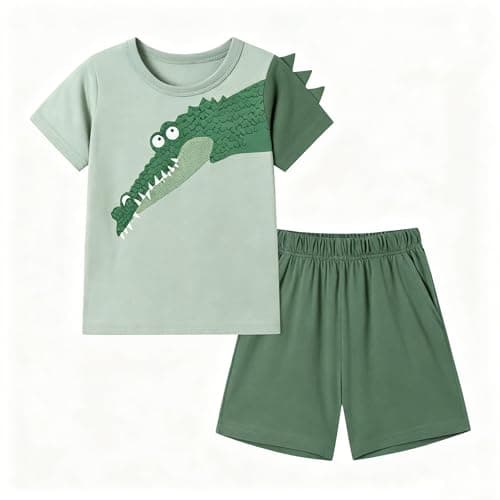 Image of QHKEPW Kids Set Boys Clothes Outfits 5-6 Years Crocodile Toddler Clothing 2 Pcs Summer Short Sleeve T-Shirt Tops Dress Round Neck Blue
