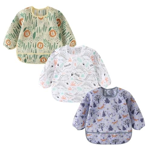 Image of ElecMotive 3 Pack Long Sleeve Baby Bibs, Waterproof Sleeved Bib, Toddler Soft Bib for 6-30 Months (3 Pack C)