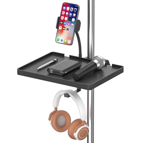 Image of Universal Microphone Stand Tray with Phone Holder, Adjustable Mic Stand Tray Shelf Clamp On Utility Shelf - 8.7" x 6.5" Music Stand Tray Attachment for Music Sheet, Recording, Live Streaming, Karaoke