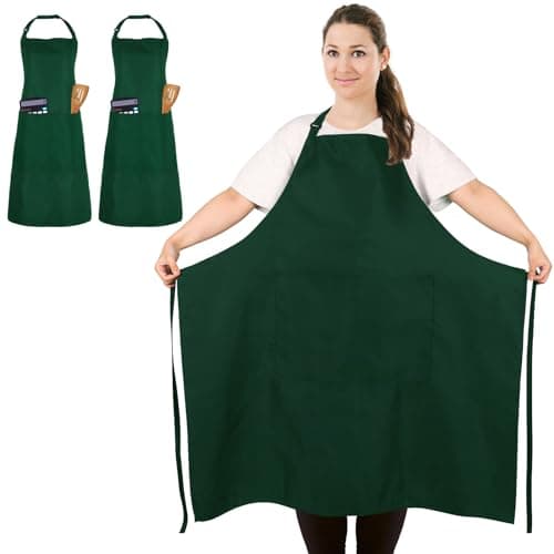 Image of FunChaos 2 Pcs Plus Size Chef Apron, Green Apron, Unisex Aprons with 2 Pockets for Cooking, Grilling, BBQ, Work, Professional Aprons for Waiter Artist Hairdresser (Large Size)