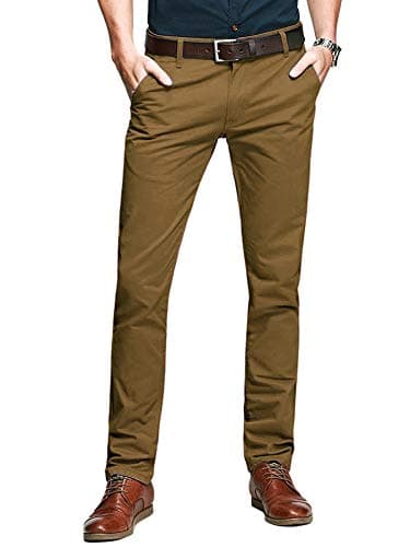 Image of Aeslech Mens Tapered Stretch Chinos Casual Smart Trousers Formal Regular Fit Work Pants 169 Dark Khaki 34