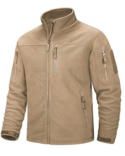 Image of MAGCOMSEN Men's Warm Fleece Jacket Soft Stand Collar Full Zip Windbreaker Coats Winter Tactical Jackets with 5 Pockets Khaki