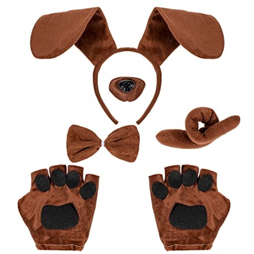 Image of 5 Pieces Puppy Dog Costume Set,Animal Costume Accessories Dog Ears Headband Bow Tie Tail Fake Nose Puppy Paw Gloves Dog Fancy Dress Halloween Cosplay Party