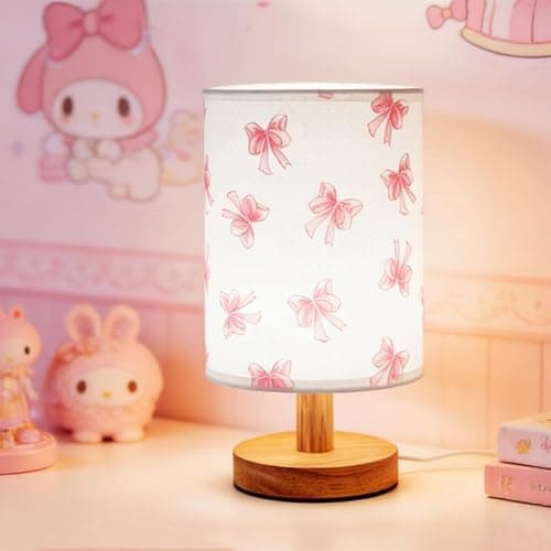 Image of Pink Bow Bedside Table Lamp for Bedroom,3 Colours Dimmable Nightstand Night Light with Flaxen Fabric Shade,Desk Lamp for Girls Boys,Perfect Birthday Gifts for Home Living Room Kids Room Decor