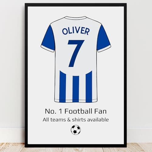 Image of Personalised Brighton Shirt Print | All Teams Available | Framed or Prints | Hove Gift for Boy, Son, Albion, Brother, Dad or Grandad | Unique Footy Football Wall Art Keepsake Sports Fan