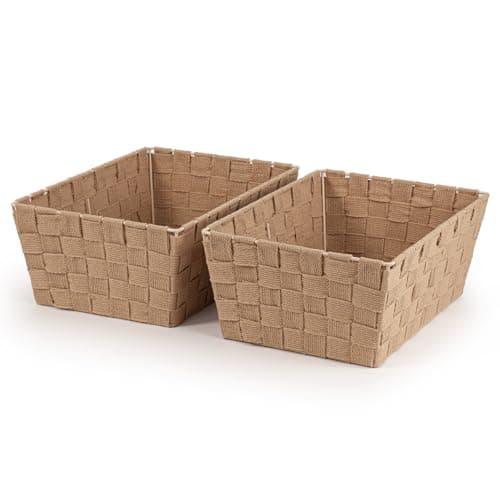Image of Woodluv Storage Baskets Set of 2, Gift Hamper Basket Bathroom Storage Basket for Shelves, Wardrobe Organiser Toys Tidy Baskets, Beige