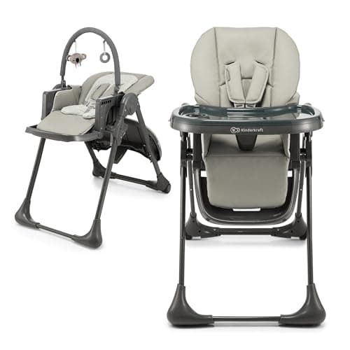 Image of Kinderkraft Tummie 2-in-1 High Chair & Bouncer, from Birth, Fold-Flat, 7 Height, 4 Recline, Newborn Insert, 3-Position Tray, 5-Point Harness, Lockable Wheels, Toy Bar, Grey