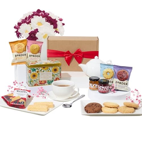 Image of Afternoon Tea Hamper Bundle With English Afternoon Tea Tin, Individually Wrapped Border Biscuits, Shortbread Fingers, English Breakfast Marmalade 42g and Strawberry Preserve 42g - Tea Hamper Gift Set