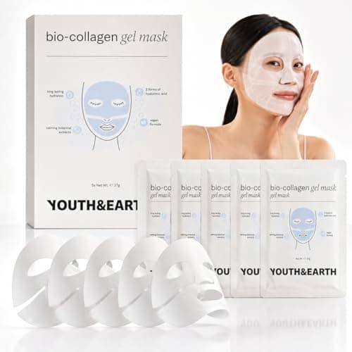 Image of Youth & Earth Bio-Collagen Hyaluronic Acid Face Mask – Deep Hydration Gel Mask for Glass Skin, Elasticity & Firmness, Korean Skincare with Glycerin, Vegan, for All Skin Types | 5 Pack