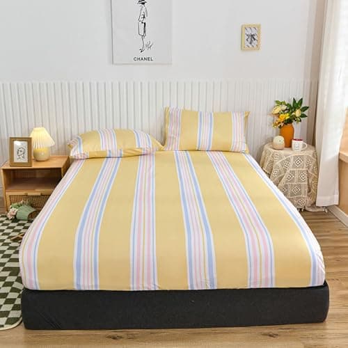 Image of Daesar Bedding Fitted Sheet 200 x 220 x 25 cm, Bed Sheet Washed Cotton Stripes Pattern Soft Easy Care Bed Cover Bedding, Yellow Pink