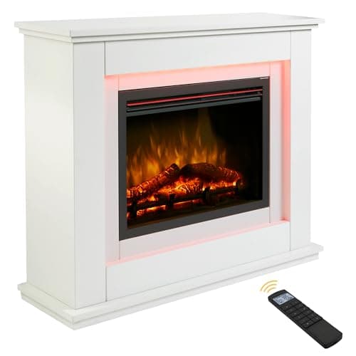Image of Endeavour Fires Castleton 39'' Electric Fireplace Suite and Realistic Flame & Log Effect Fire, 13 Colour LED Lighting, Remote Control In an Off White Surround