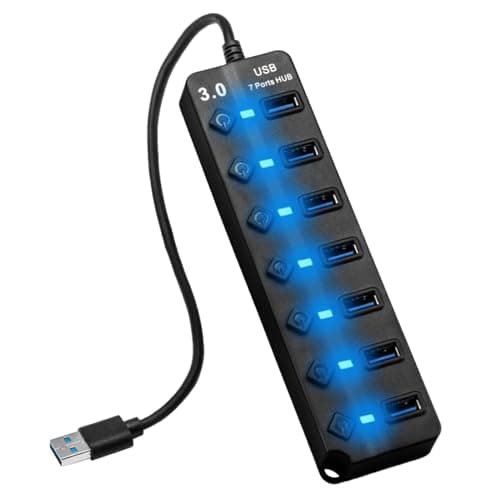 Image of 7-Port USB 3.0 Hub - 5Gbps Powered Hub with Individual Power Switches and LED Lights - Multiport Adapter for PC, Laptop, Printer, Xbox