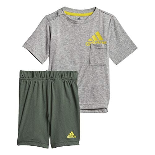 Image of Adidas GM8944 I BOS Sum Set Sport Set Unisex-Baby top:Medium Grey Heather/Yellow Bottom:Green Oxide s21 0-3M