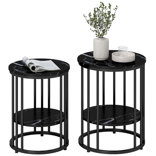 Image of HOMCOM Round Coffee Table Set of 2, Marble-Effect Side Tables with Storage Open Shelf and Steel Frame for Living Room, Bedroom, Black Marble Effect