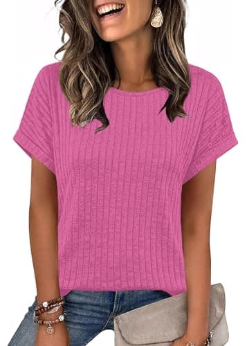 Image of WIHOLL Summer Tops for Women UK Casual Loose Fit Crewneck Ladies Tops Short Sleeve T Shirts Ladies Jumpers Pink Size 14-16