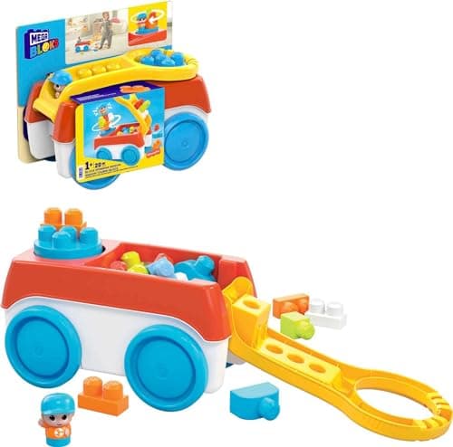 Image of MEGA BLOKS Fisher-Price Toddler Building Toy, Block Spinning Wagon with 20 Pieces and Storage, 1 Figure, Gift Ideas for Kids Age 1+ Years, HHN00