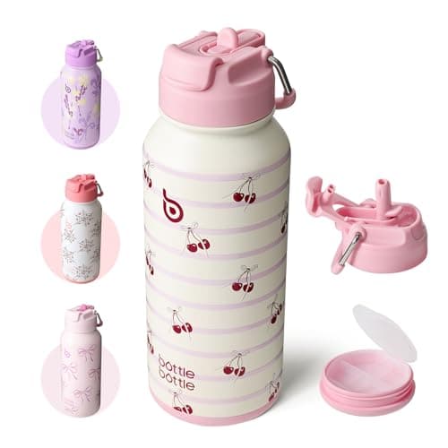 Image of BOTTLE BOTTLE Insulated Water Bottle 950ml(32oz) Stainless Steel Sports Water Bottles with Straw Dual-use Lid Drink Flask Design for Gym with Pill Box (Happy Cherry)