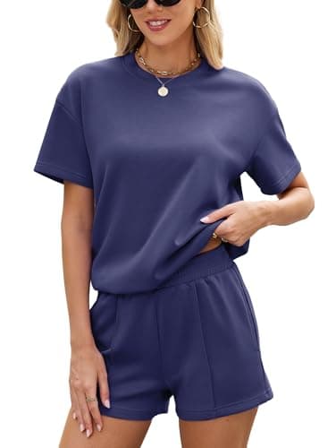 Image of Famulily Short Summer Sets Women 2 Piece Outfits Loungewear Travel Tracksuit Oversized T Shirts Elastic Waist Shorts with Pockets (L, Navy Blue)
