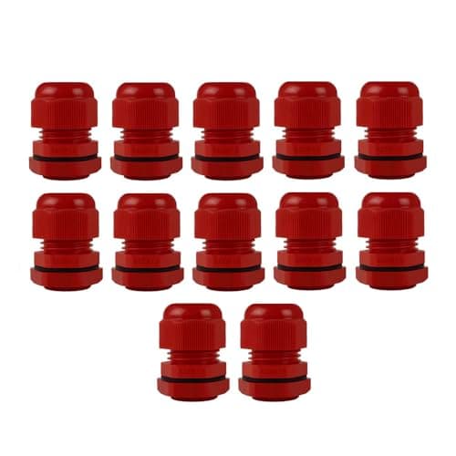 Image of Pack of 12 Black 20mm Nylon Cable Glands, Suitable for 6-12mm, M20 Thread IP68 Gland Connectors - AVARTEK (Red)