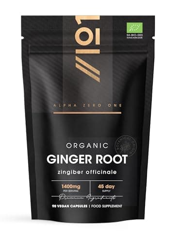 Image of Organic Ginger Root 1400mg - High Strength Zingiber Officinale Supplement - 90 Vegan Capsules (45 Day Supply) - Resealable and Recyclable Pouch - By Alpha01