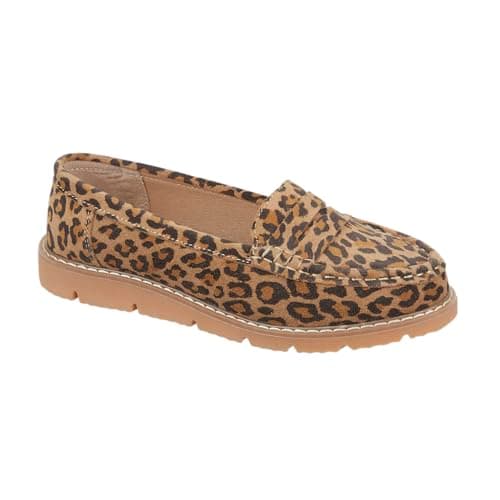 Image of Jo & Joe Women’s Real Suede Leather Penny Loafer Comfortable Smart/Casual Flat Slip-on Boat Shoe in Sizes 4-8 (Leopard, UK Footwear Size System, Adult, Women, Numeric, Medium, 6)