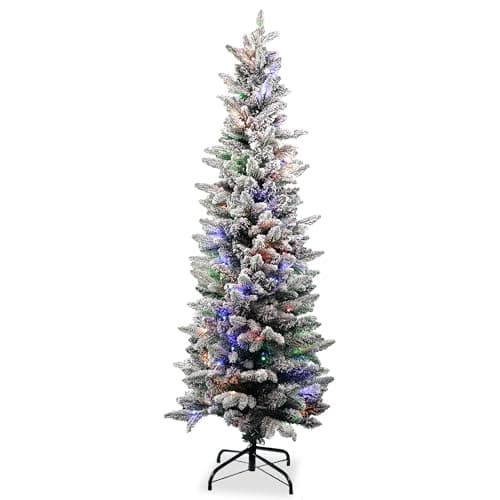 Image of Trimming Shop 6FT Snow-Kissed Frosted Slim Christmas Tree – Lifelike Green Pine with 312 Branch Tips, Compact and Bushy Design, Foldable Metal Stand for Home or Office Décor