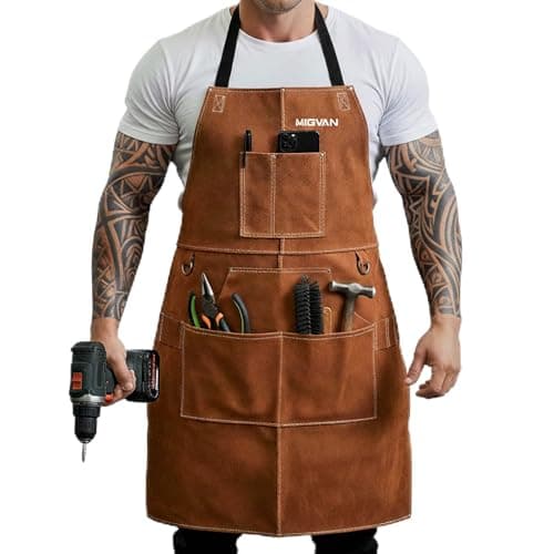 Image of MIGVAN Leather Welding Work Apron 24" X 36" with 9 Tool Pockets, Heat & Flame Resistant, Cowhide Blacksmith Welder Apron for Welders Men Women, Adjustable M to XXXL