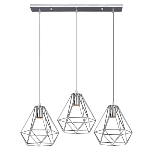 Image of LEDSone Modern Retro 3 Head Ceiling Pendant Light Chrome Diamond Metal Cage Shades, E27 Adjustable Cluster Hanging Lamp with 50cm Ceiling Plate for Kitchen Dining Living Room
