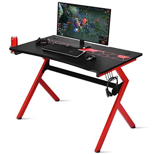 Image of COSTWAY Gaming Desk with Cup Holder and Headphone Hook, R/K-Shaped Racing Style E-Sports PC Gamer Table, Ergonomic Study Writing Computer Workstation (Black+Bed, 115 x 66 x 77cm)