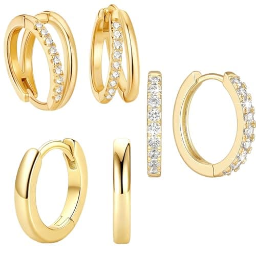 Image of 3 Pairs Gold Earrings for Women Set, Small Gold Hoops Earrings for Women Stack Double Layer Hollow Jewellery Set Hypoallergenic Classic Earring, Paired Use as A Birthday Gift Friends