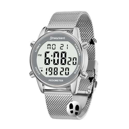Image of Hearkent Digital Talking Watch with Pedometer,Speaking Time/Date/Steps/Calories in English,5 Alarms,EL Backlight,LCD Large Number,No Bluetooth Step Counter Watch for Elderly/Blind(Silver)