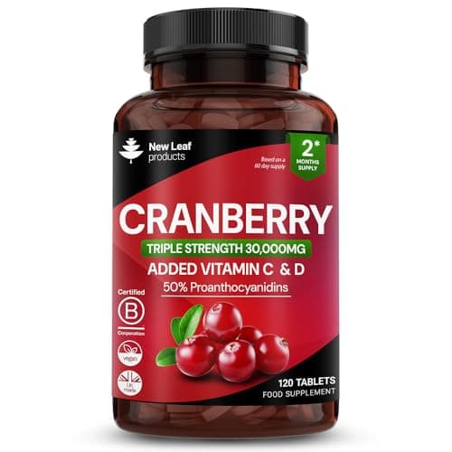 Image of Cranberry Tablets Triple Strength 30,000mg - Added Vitamin C & D - 120 Cranberry Supplements Cranberry Supplements for Women and Men - Vegan Cranberry Tablets for Women Made in UK by New Leaf