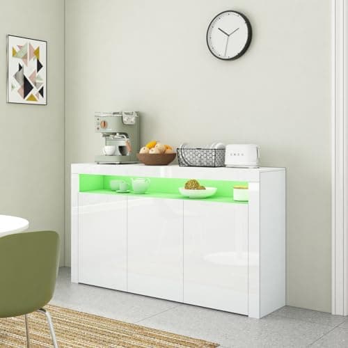 Image of Sideboard Cabinet, White High Gloss Sideboard Display Cabinet with LED Lights, 3 Door and 1 Open Shelf, Modern Cupboard Storage Unit for Kitchen Living Room Dining Room Hallway 152 * 35 * 97CM
