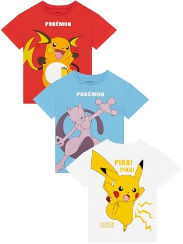 Image of Pokemon Tshirt 3 Pack, Boys Clothes, Pikachu Riachu and Mewtwo Boys’ T-Shirts, Clothes for Kids, Multicolour 7-8 Years