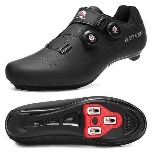 Image of Mens Cycling Shoes Women Road MTB Shoes Compatible with Look SPD SPD-SL Delta Cleats Compatible with Peloton Black/Cleats Size UK 10