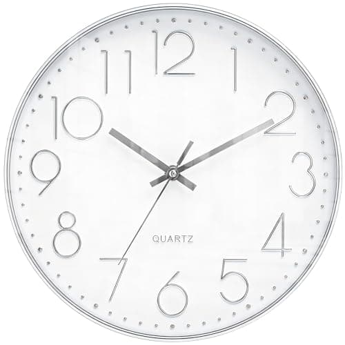Image of LENAUQ Silent Wall Clock, 12 Inch Battery Operated Non-ticking Arabic Numeral Clock, Round Decorative Clock for Home Kitchen Cafe Hotel Office Decor, Silver
