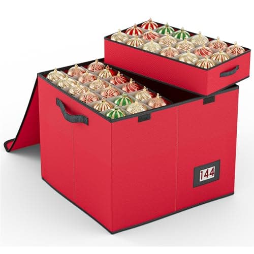 Image of Mutool Christmas Bauble Storage Box With Dividers, 144 Compartment Xmas Ornament Storage Container with 8 Tray, Large Christmas Storage with Flip-Top Lid, Perfect for Holiday Decorations (Red)