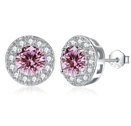 Image of EPIRORA Silver Stud Earrings for Women Girls, Sterling Silver Round Halo Pink Cubic Zirconia Studs, Dainty Bridal Diamond Stud Earrings Jewellery Set for Wedding Anniversary