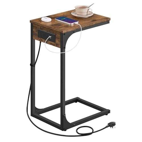 Image of VASAGLE C-Shaped Side Table, End Table with Charging Station, for Couch, Sofa, Adjustable Feet, for Bedroom, Living Room, 2 USB Ports and Outlets, Rustic Brown LET362KD01
