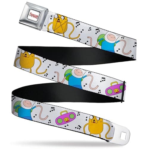 Image of Cartoon Network Belt, Seatbelt Buckle Belt, Adventure Time Finn and Jake Long Arms Dancing Pose White, Adjustable, White, 3.81 cm Wide