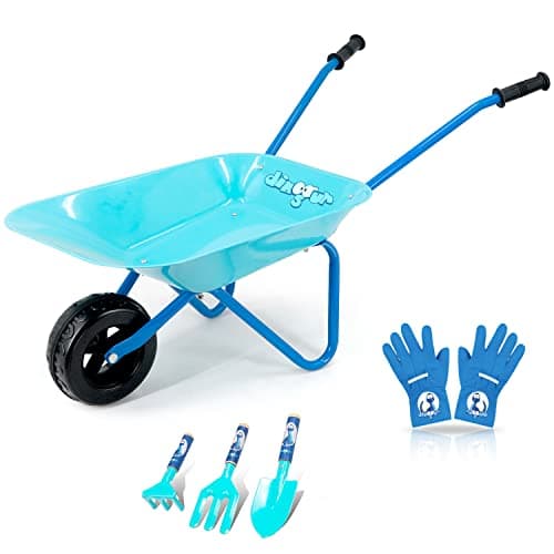 Image of Colwelt Kids Metal Wheelbarrow 5Pcs, Childrens Wheelbarrow Kids Gardening Set with Shovel, Rake, Fork and Kids Gloves(Blue)