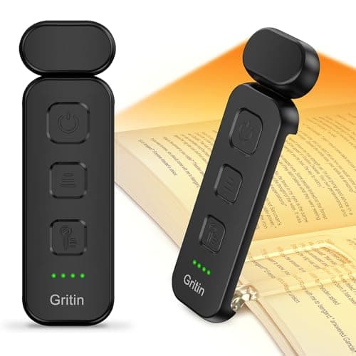 Image of Gritin Book Light Rechargeable, Reading Light Lamp Clip on Books, Eye Caring 3 Colors, 5 Brightness & Stepless Dimming, Long Lasting up to 80hrs, Portable Mini Reading Lamp for Readers- Black