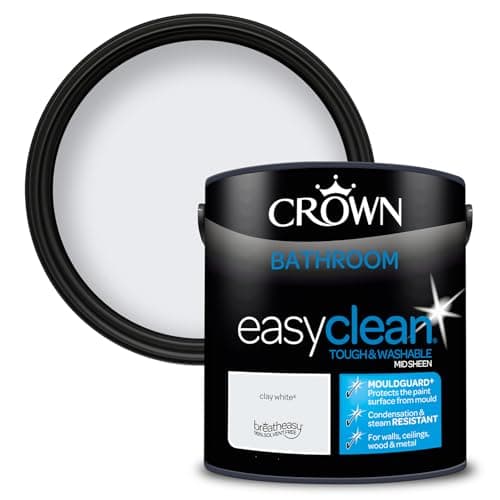 Image of 2.5L CROWN Easyclean Bathroom MID-SHEEN Emulsion Multi Surface Paint With MOULDGUARD+ That can be Used on Walls, Ceilings, Wood and Metal. Stain & Scrub Resistant Formula – Clay White
