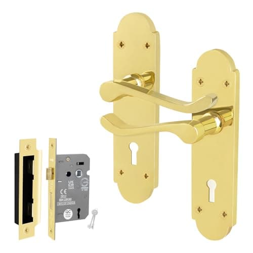 Image of EAI Brass Door Handles Lock Set, 1 Pair of Internal Polished Brass Victorian Scroll Shaped Backplate Handles and Lock 64mm