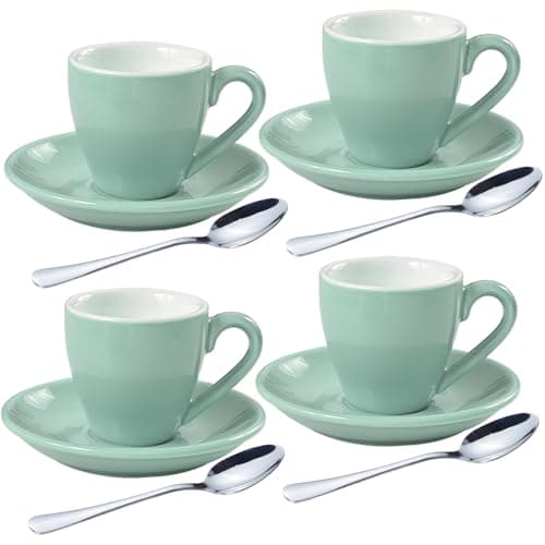 Image of homEdge Set of 4 Porcelain Espresso Cups with Saucers and Spoons 80ml Mint Green