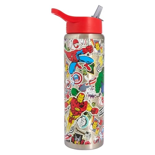 Image of Marvel Avengers Stainless Steel Water Bottle with Straw, 750ml, Red Lid, Spider-Man Hulk Iron Man Captain America Thor Design